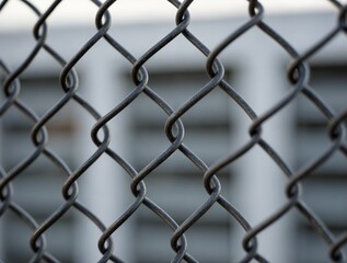 Naklejka premium Close-up view of chain-link fence highlighting the twisted metal design at a storage facility