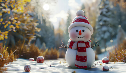 smiling snowman with a red hat and scarf, sitting on a white, blank banner in a winter landscape with trees covered in heavy snow. Cartoon style