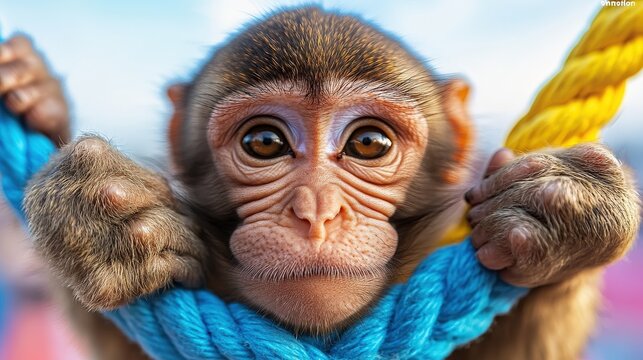 A charming baby monkey grips a colorful rope with a curious expression, capturing the playful essence and innocent charm of wildlife in a vivid and lively environment.