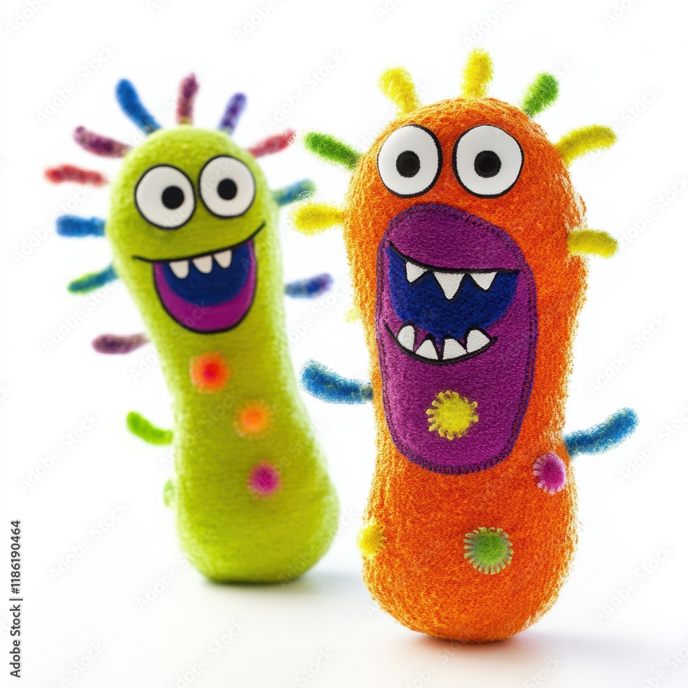 Poster Colorful and joyful microbes with expressive faces create a playful atmosphere in a whimsical setting. Generative AI