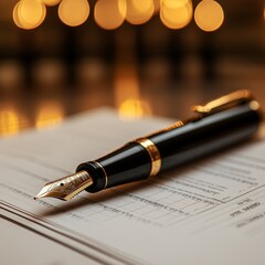A close-up of a luxury fountain pen on financial documents, symbolizing professionalism and sophistication.