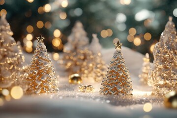 Festive Christmas scene, snow-covered Christmas trees, warm glowing bokeh lights