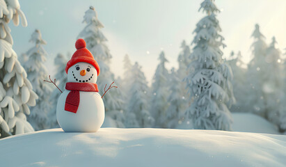 smiling snowman with a red hat and scarf, sitting on a white, blank banner in a winter landscape with trees covered in heavy snow. Cartoon style