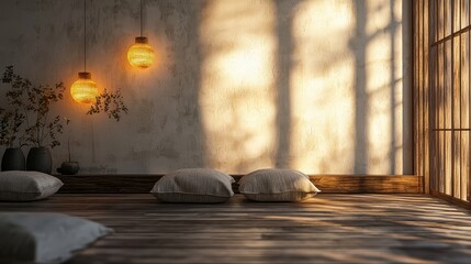 Serene Indoor Meditation Space with Soft Lighting and Calm Atmosphere