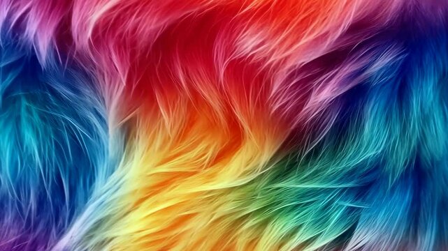 Video with vibrant rainbow fur texture offers a soft, multicolor pattern perfect for creative designs. This fluffy, gradient background adds a playful and stylish touch. Ideal for trendy digital art.