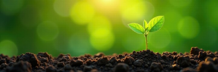 Green sapling emerging from soil with roots stretching downwards and leaves reaching for sunlight, sunlight, plant
