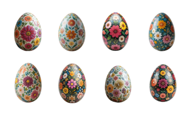 Set of decorative easter eggs, ornate floral pattern, isolated, png