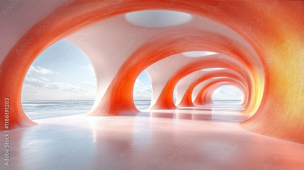 Poster abstract orange tunnel architecture with ocean view.
