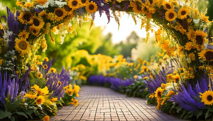 Sunflowers and lavender create a stunning floral archway leading down a brick path.  Perfect for wedding invitations, romantic themes, or summer celebrations.