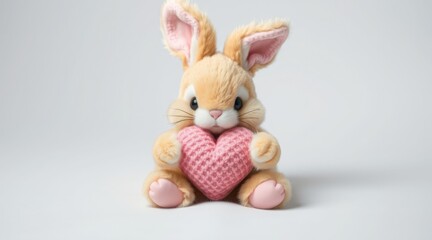 Obraz premium Cute plush bunny holding a knitted pink heart in a simple, minimalistic background