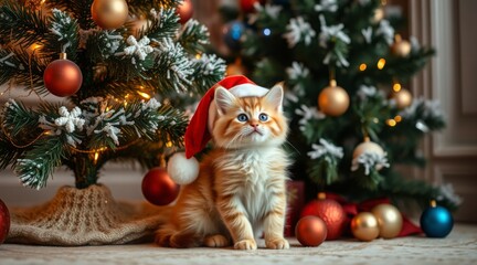 Adorable kitten in Santa hat sitting by decorated Christmas trees in festive setting