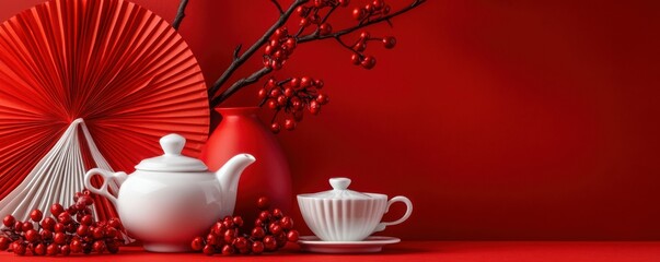 Fototapeta premium Chinese New Year scene featuring a white tea set, red paper fans, and a vase with red berries on a vibrant red background