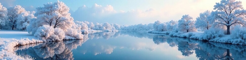 Hoarfrost-crusted trees reflect in a frozen lake, frosty winter landscape, ice crystals,