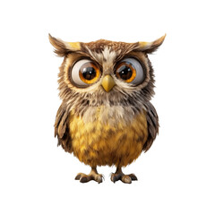 Naklejka premium 3D illustration of cute owl with yellow and brown feathers. Owl has big eyes and friendly appearance, A stylized design that emphasizes its adorable features. Isolated on transparent background, png.