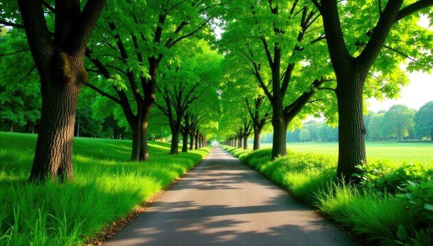 Lush green avenue lined with Peltophorum pterocarpum trees, greenery, copper seeds, landscape