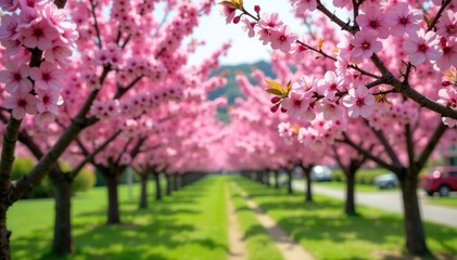 Obraz premium Pink blossoms on almond trees in spring garden, almonds, pink, foliage