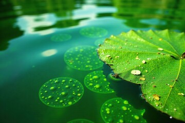 Lush green algae covering the water's surface with ripples, green, algae