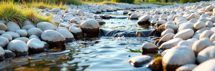 A small stream flowing through a field of white pebbles, water, calm, flow