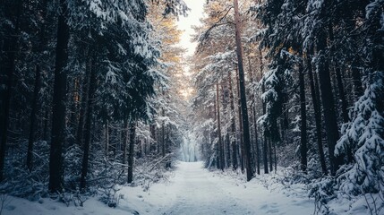 Winter wonderland with a frozen waterfall surrounded by towering pines