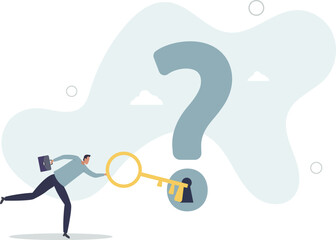 Key to unlock answer for problem and questions, solution or reason to solve problem, wisdom or understanding concept.flat characters.