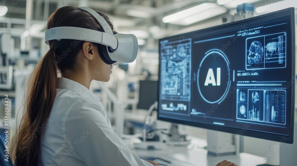Poster female scientist in vr headset analyzing data and exploring ai technology in futuristic laboratory.