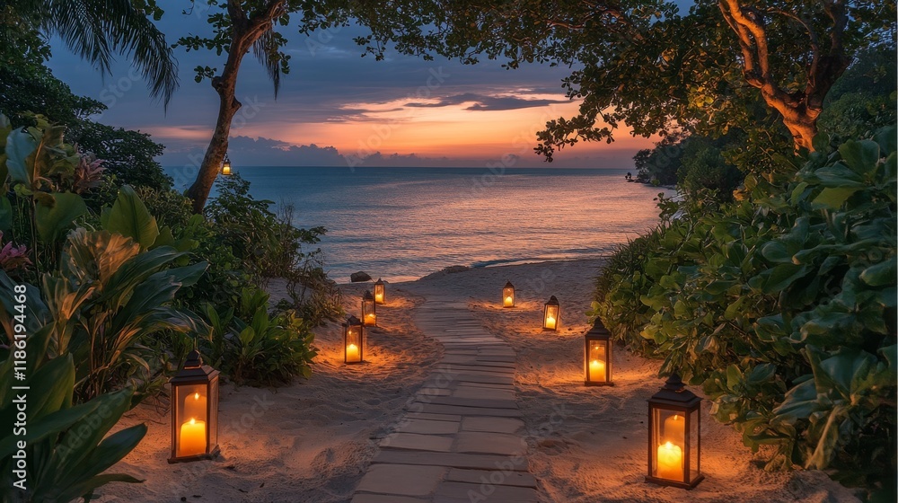 Wall mural Enchanting pathway lined with lanterns along the coastal shore at twilight