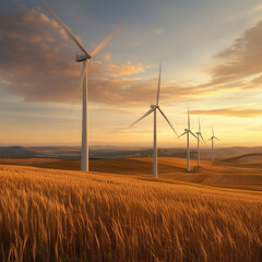 Harnessing wind energy turbines in golden fields at sunset landscape photography nature’s beauty scenic view