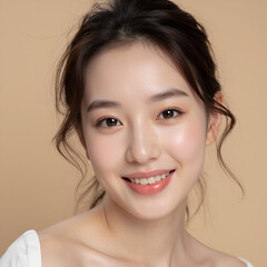 20-year-old Korean model with a natural makeup look, smiling