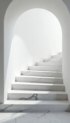 Fototapeta premium Marble stairs curving upward in a sweeping arc of white stone, arch, minimalist