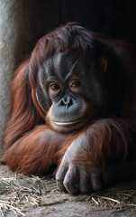 A Pensive Young Orangutan Resting on the Ground,  Exhibiting Calm Demeanor and Soft Fur