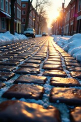Morning light highlights the frozen cobblestones, cobblestone, bright, cold