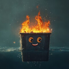 Burning Dumpster with Happy Face in Water