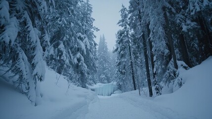 Naklejka premium Winter wonderland with a frozen waterfall surrounded by towering pines