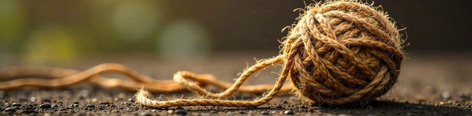 Fototapeta premium Ball of hemp twine with twine threads exposed, hemp twine, natural fiber, texture
