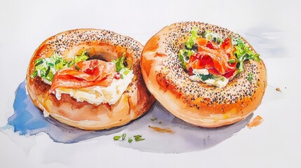 Watercolor of Freshly baked Delicious Smoked Salmon Bagel with tomato,salad,bagel sandwich in bakery shop,New York style bagels,Homemade freshly plain,onion bagels,space for text.Selective focus.
