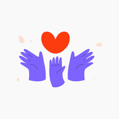 Hands reaching for a heart symbolizing family love, care, and support, perfect for family bonding, compassion, and charity themes, flat vector illustration, isolated on white background