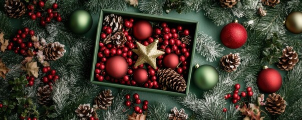 Christmas Day concept. Top view photo of big present box green red baubles gold star ornament pine cone mistletoe berries snow and fir branches on isolated green background