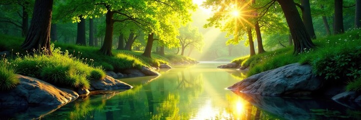 Soft sunlight filters through lush greenery above the serene river, casting a warm glow on its clear waters, nature, serene