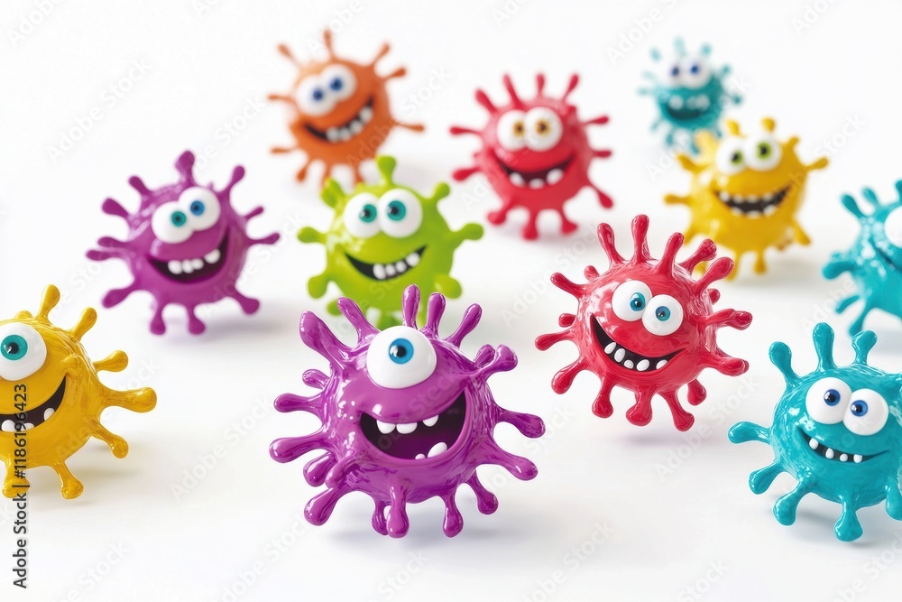Poster cheerful colorful microbes with eyes and smiles gathering joyfully in a bright setting. generative a