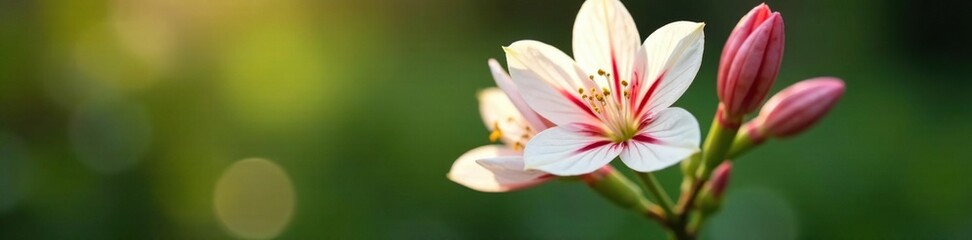 Fototapeta premium Delicate white petals with red stripes unfurl from a sturdy double flower stem, double flowers, spring blooms