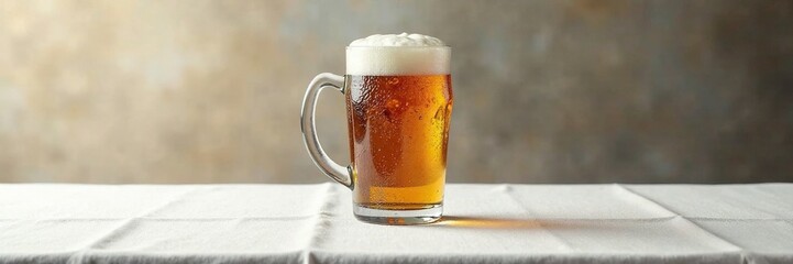Isolated metal beer keg on a plain white tablecloth with condensation, beverage, beer, container