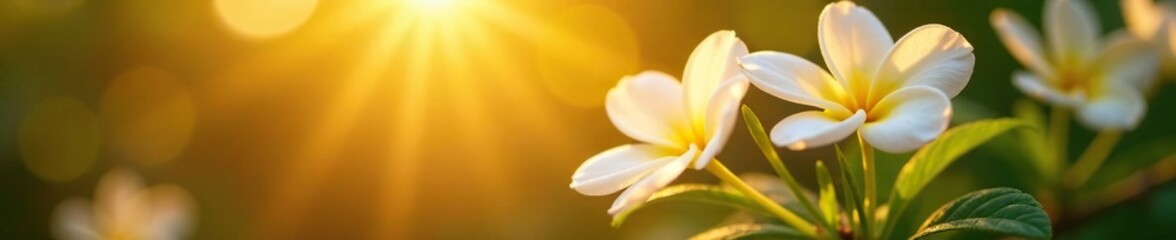 Obraz premium Morning sunlight casting a warm glow on white jasmine flowers, petals, illumination