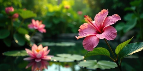 Pink hibiscus flower in a garden with a pond and water lilies, flower, tropical
