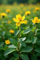 Obraz premium Primrose bush in full bloom amidst green leaves, foliage, nature, flower fields