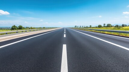 Fototapeta premium Wide Open Highway Stretching to Horizon Under Bright Blue Sky with Few Clouds and Lush Green Vegetation on Sides