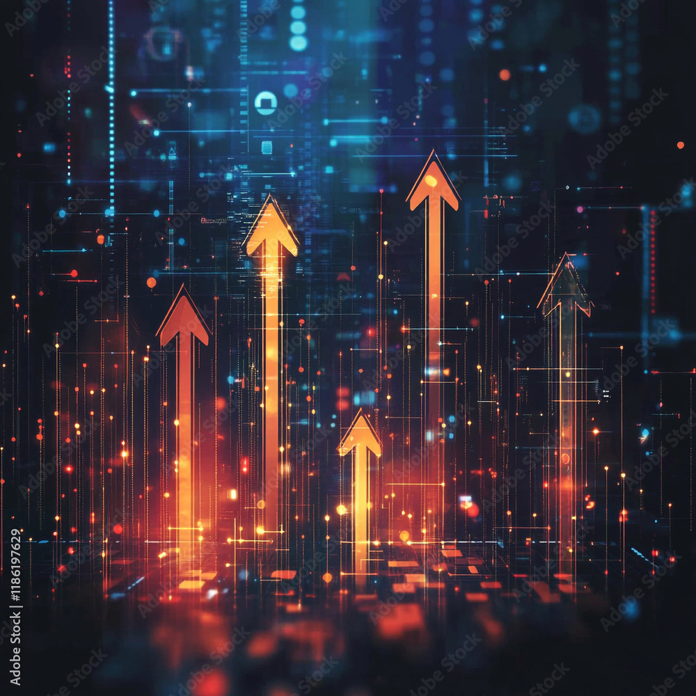Poster digital graphics showcasing upward trends in technology and growth metrics