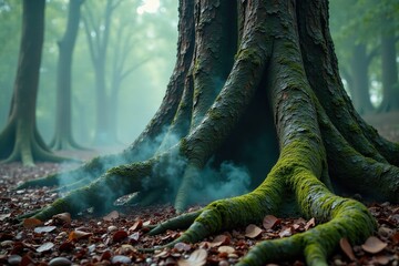 Mist swirls around the base of an ancient, gnarled tree trunk, mist, fog, decay