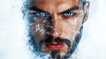 Futuristic man with intense gaze and digital code elements for technology themes
