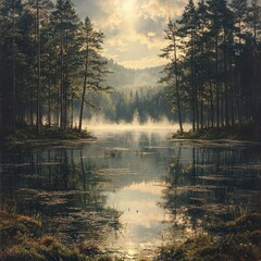 Serene forest lake, sunlit mist, mirrored trees.