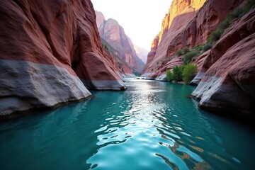 The river flows smoothly through a winding path carved by ancient geological forces, water, canyon